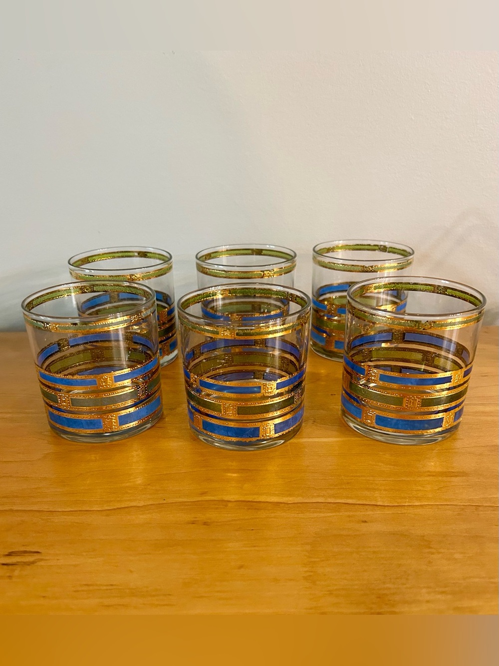 Vintage Culver Barware Empress Gold & Blue Accent Rock Glasses - Set of 6